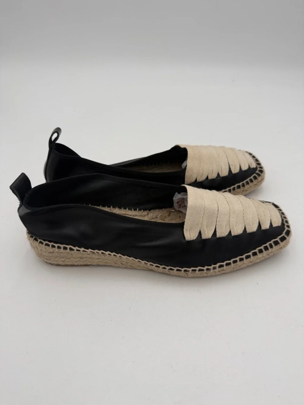Mango Black Cream Espadrille Loafers women 7.5 leather canvas slip on vacation